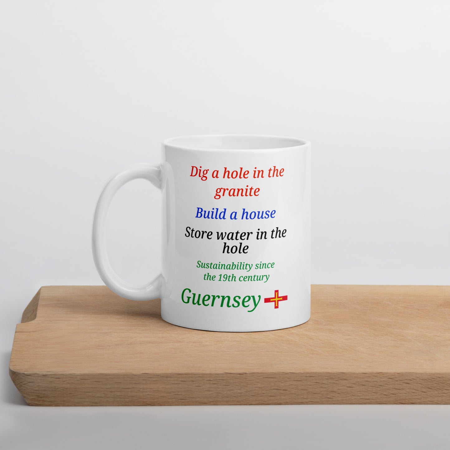 White glossy mug (Dig a hole in the granite, build a house, store water in the hole - sustainability since the 19th century)