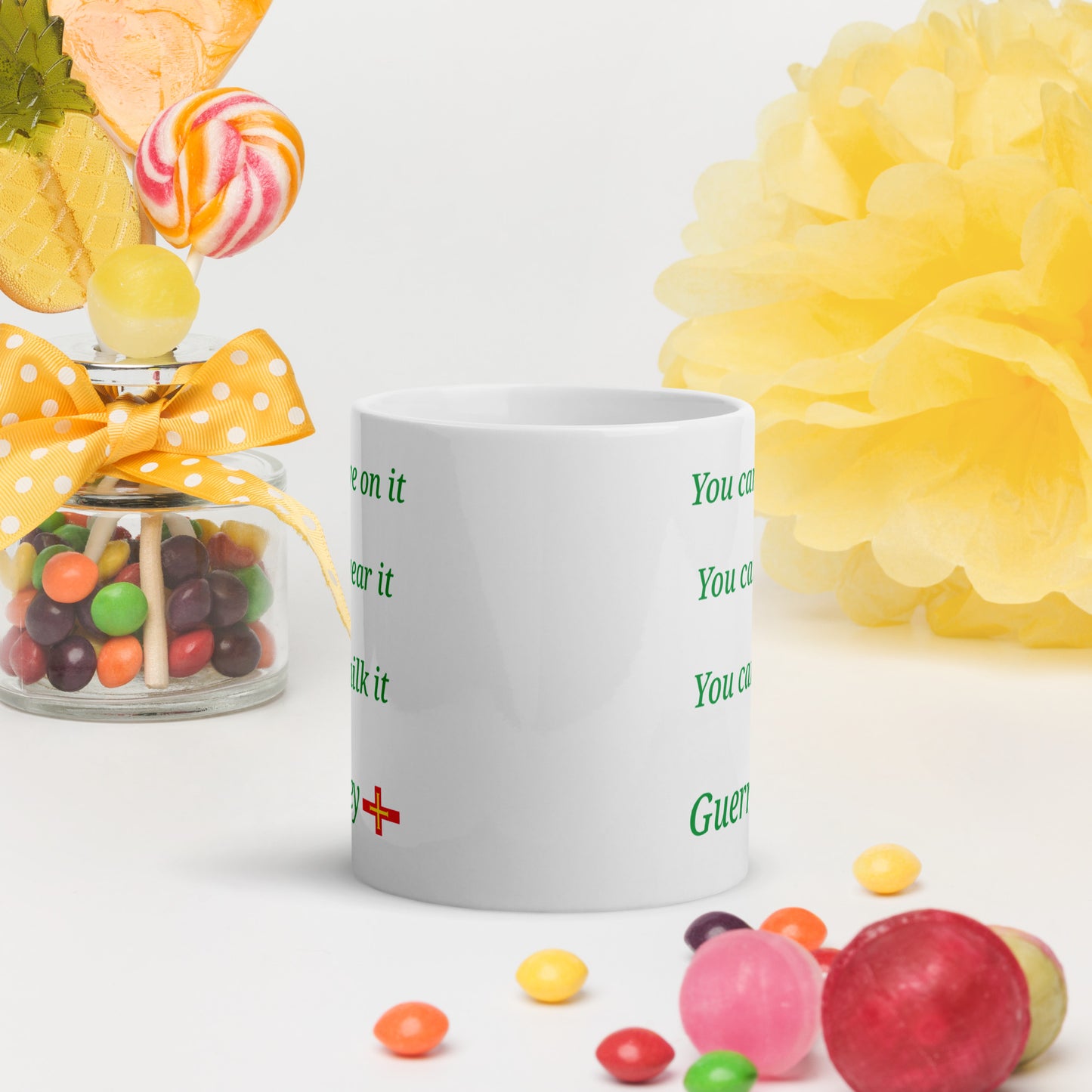 White glossy mug (You can live on it, You can wear it, You can milk it)