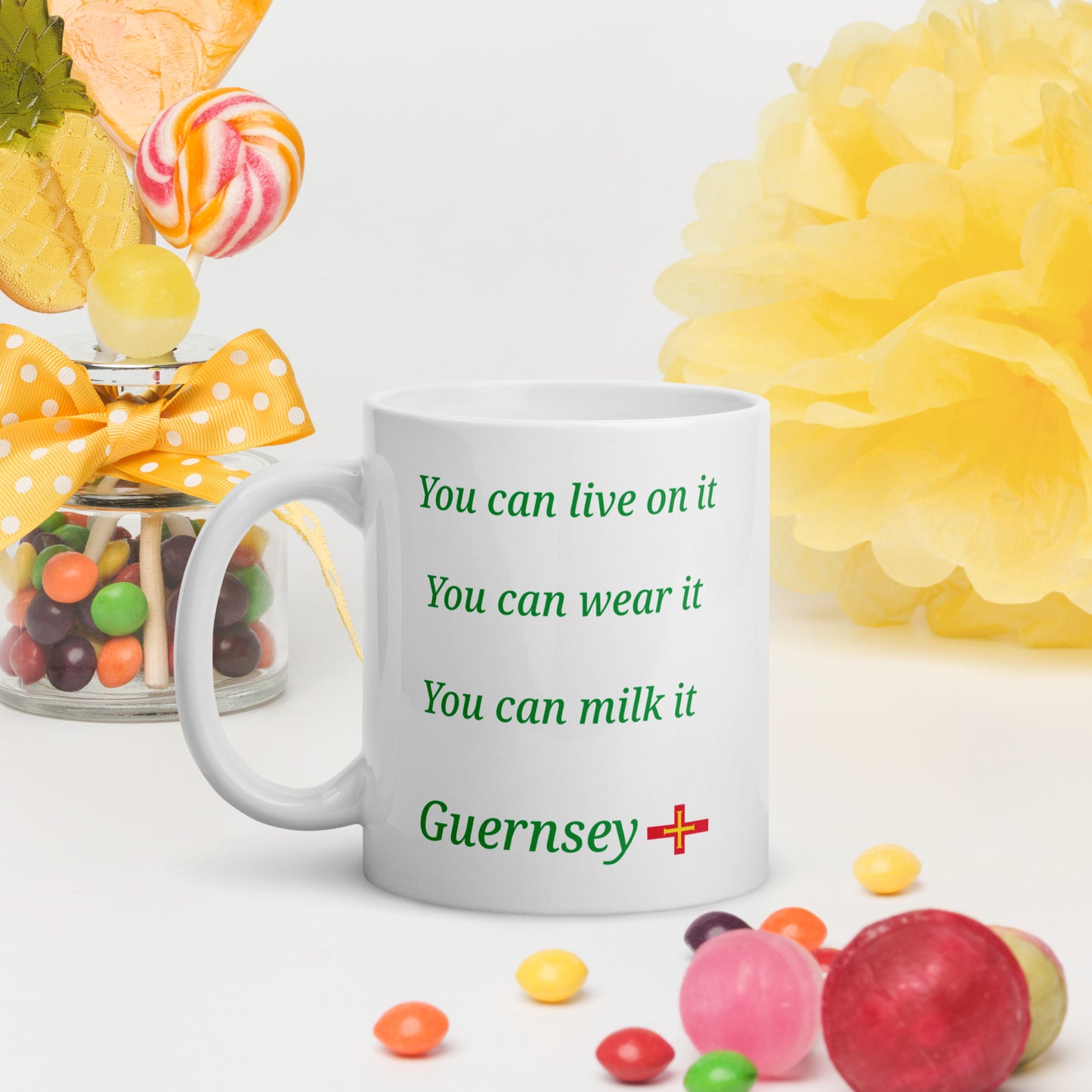 White glossy mug (You can live on it, You can wear it, You can milk it)