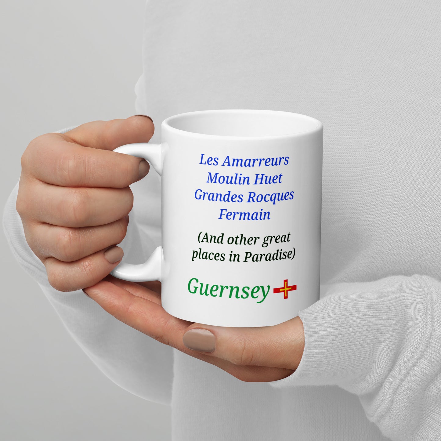 White glossy mug (Les Amarreurs, Moulin Huet, Grandes Rocques, Fermain - and other great places in Paradise)