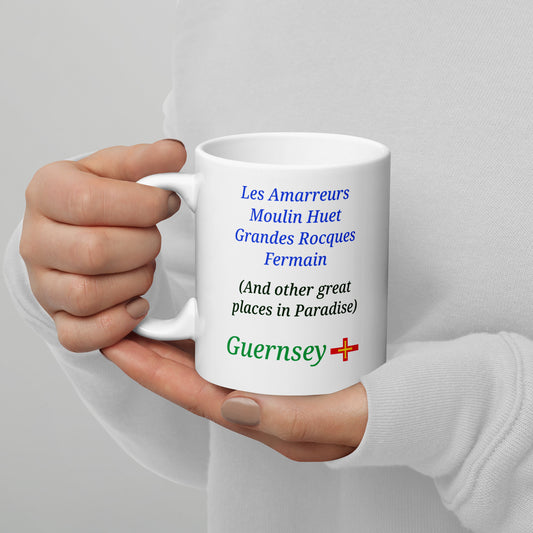 White glossy mug (Les Amarreurs, Moulin Huet, Grandes Rocques, Fermain - and other great places in Paradise)