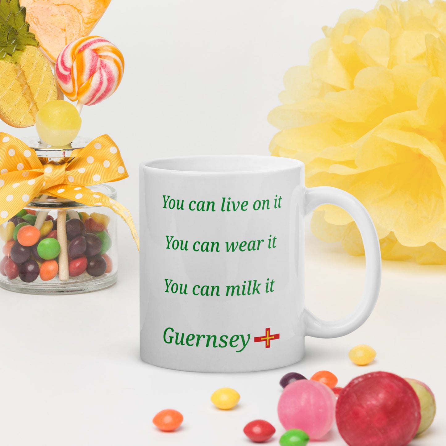 White glossy mug (You can live on it, You can wear it, You can milk it)