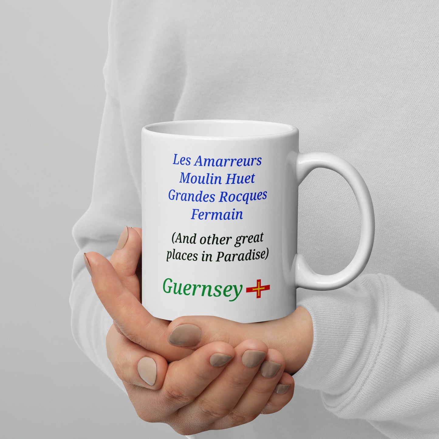 White glossy mug (Les Amarreurs, Moulin Huet, Grandes Rocques, Fermain - and other great places in Paradise)