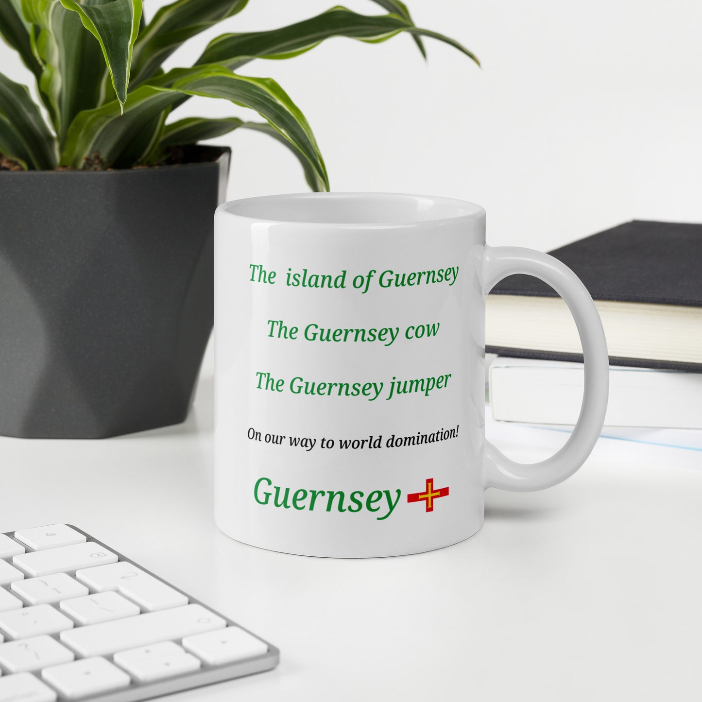 White glossy mug (The island of Guernsey, The Guernsey cow, The Guernsey jumper - on our way to World domination)