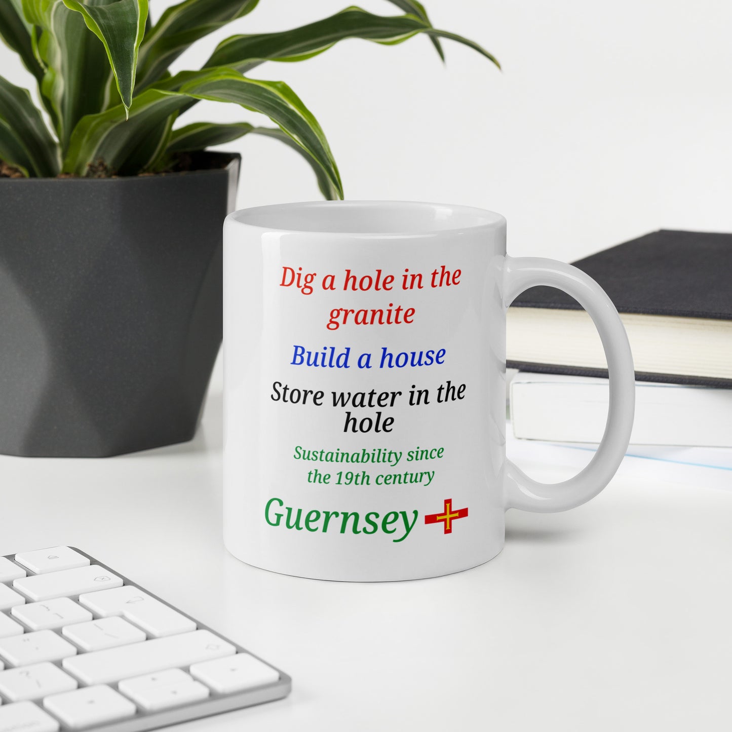 White glossy mug (Dig a hole in the granite, build a house, store water in the hole - sustainability since the 19th century)