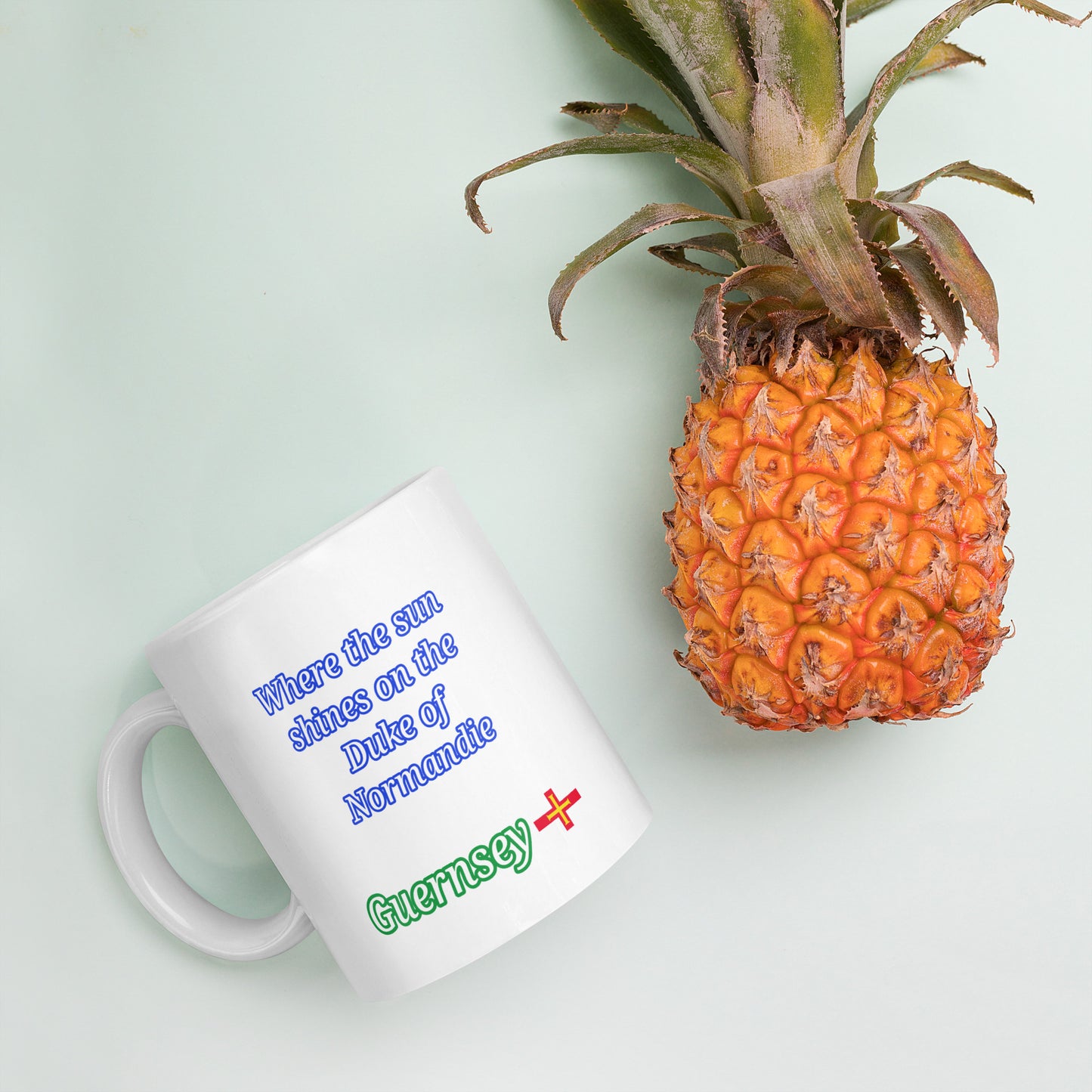 White glossy mug (Where the sun shines on the Duke of Normandie)