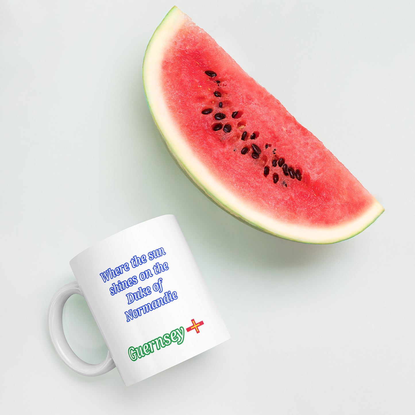 White glossy mug (Where the sun shines on the Duke of Normandie)