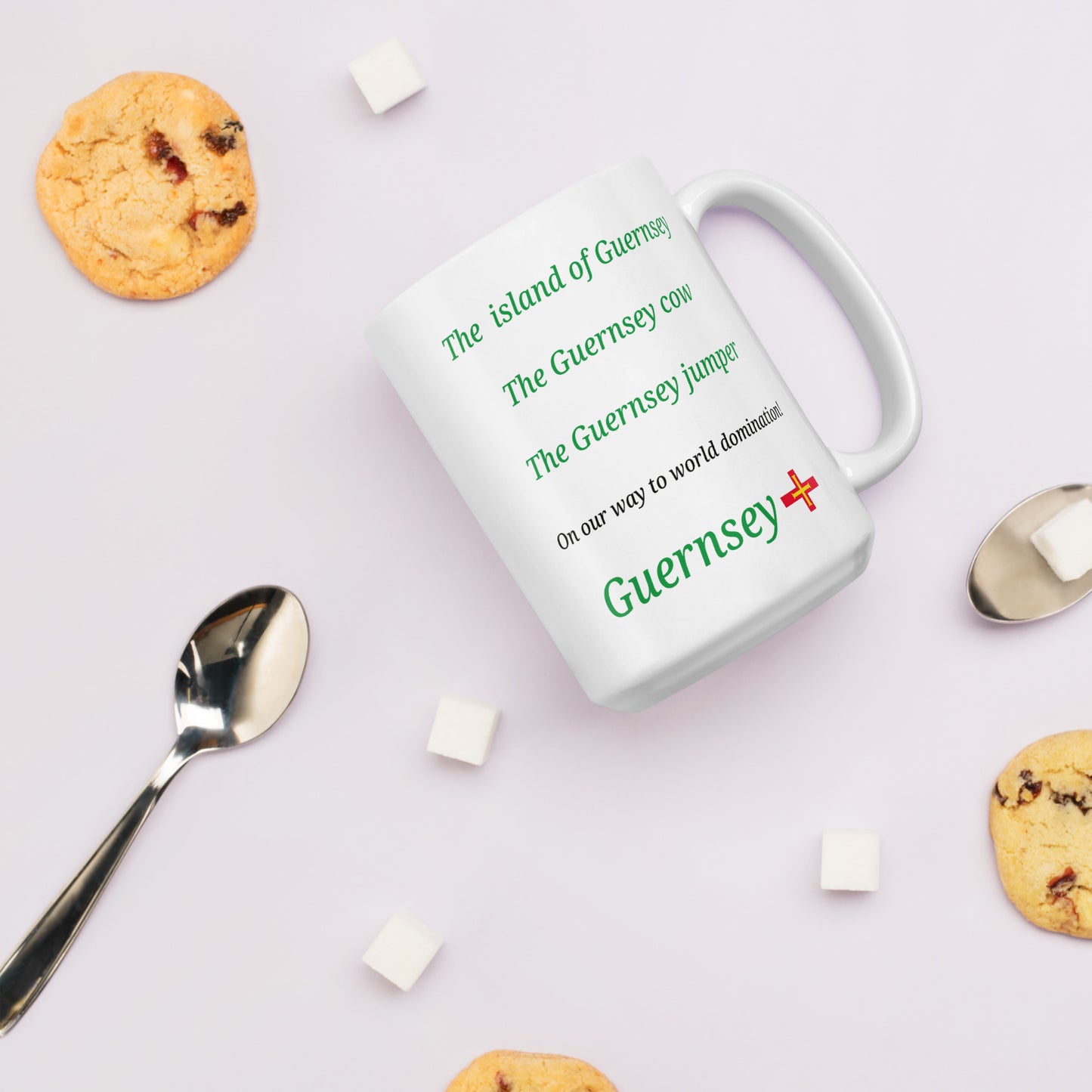 White glossy mug (The island of Guernsey, The Guernsey cow, The Guernsey jumper - on our way to World domination)