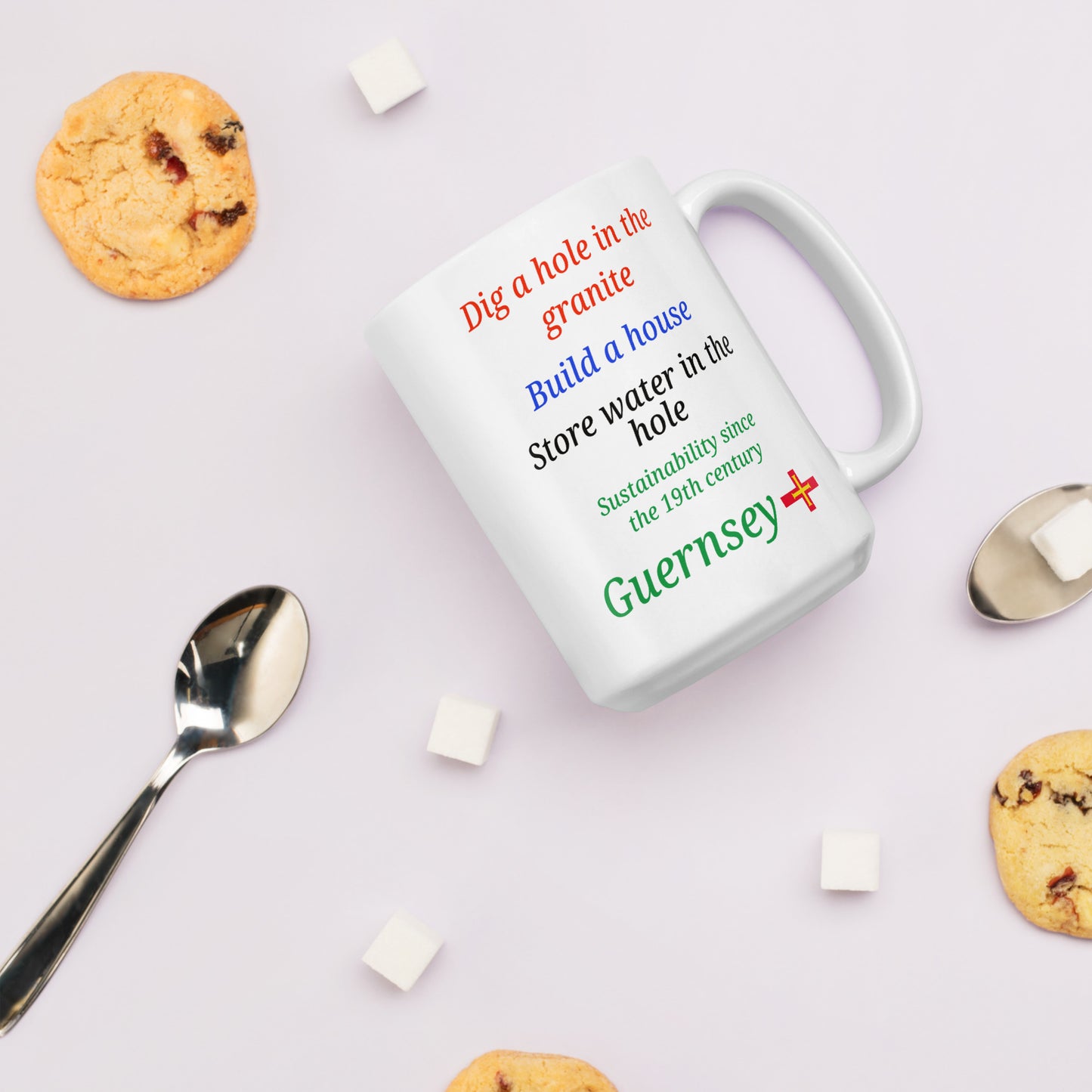 White glossy mug (Dig a hole in the granite, build a house, store water in the hole - sustainability since the 19th century)