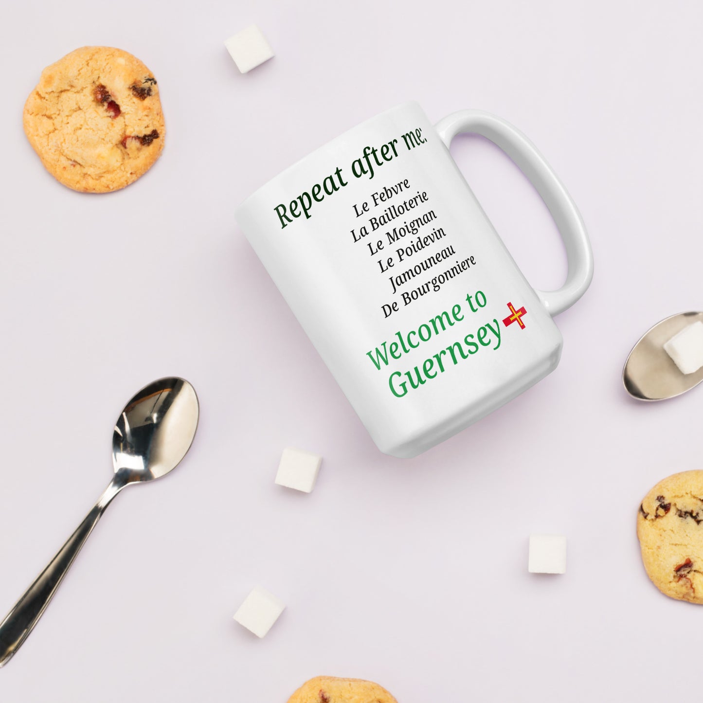 White glossy mug(Repeat after me:  Le Febvre, La Bailloterie, Le Moignan, Le Poidevin, Jamouneau, De Bourgonniere - welcome to Guernsey)