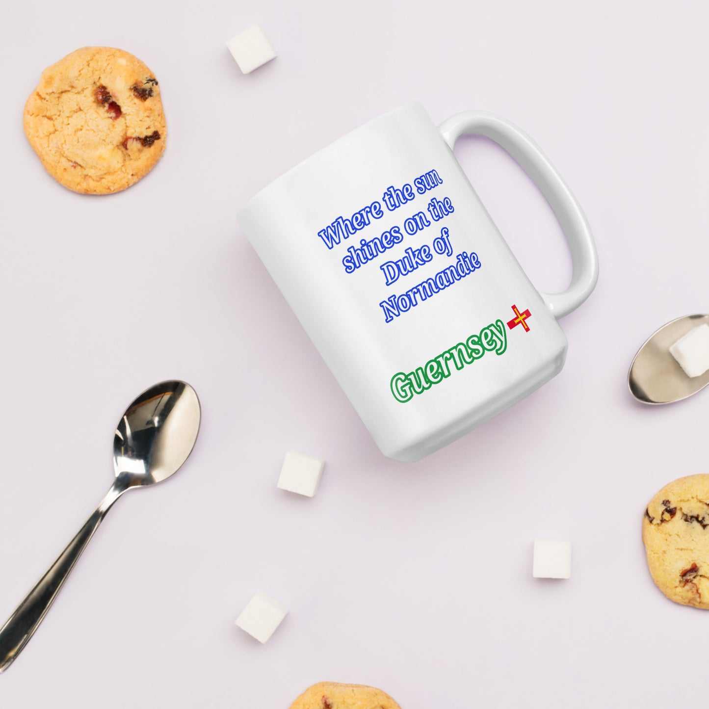 White glossy mug (Where the sun shines on the Duke of Normandie)