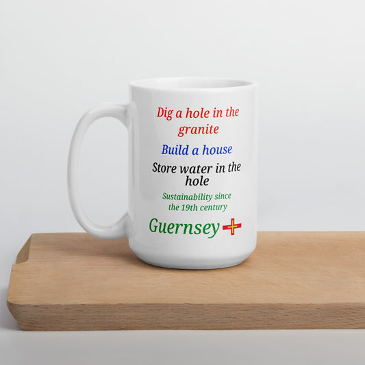 White glossy mug (Dig a hole in the granite, build a house, store water in the hole - sustainability since the 19th century)