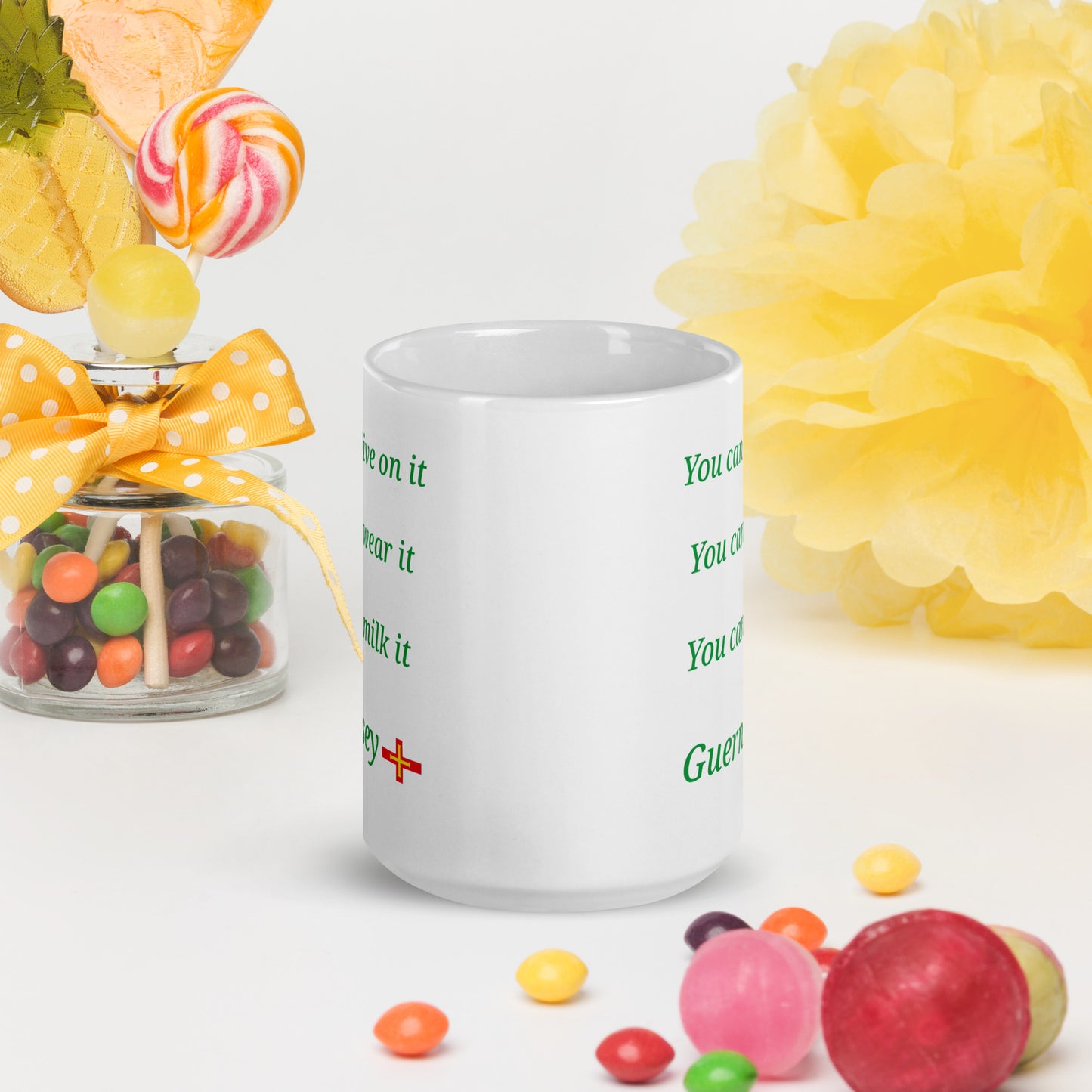 White glossy mug (You can live on it, You can wear it, You can milk it)