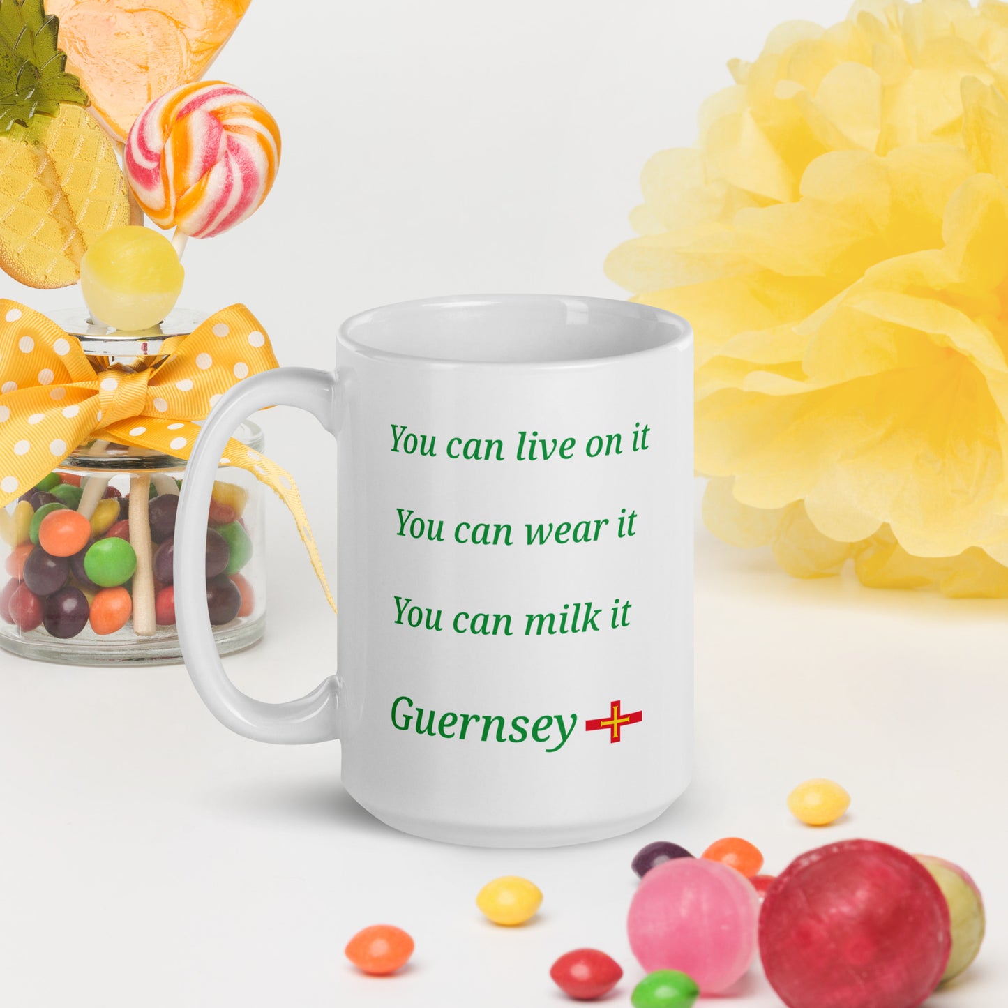 White glossy mug (You can live on it, You can wear it, You can milk it)