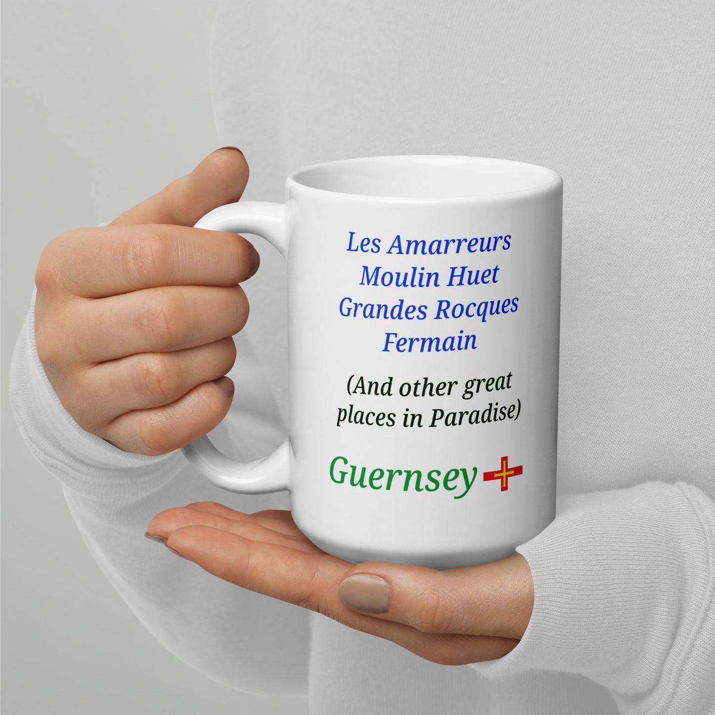 White glossy mug (Les Amarreurs, Moulin Huet, Grandes Rocques, Fermain - and other great places in Paradise)