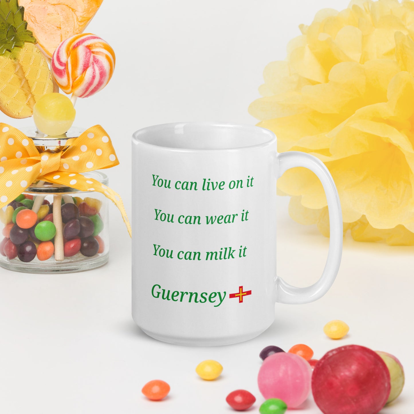 White glossy mug (You can live on it, You can wear it, You can milk it)