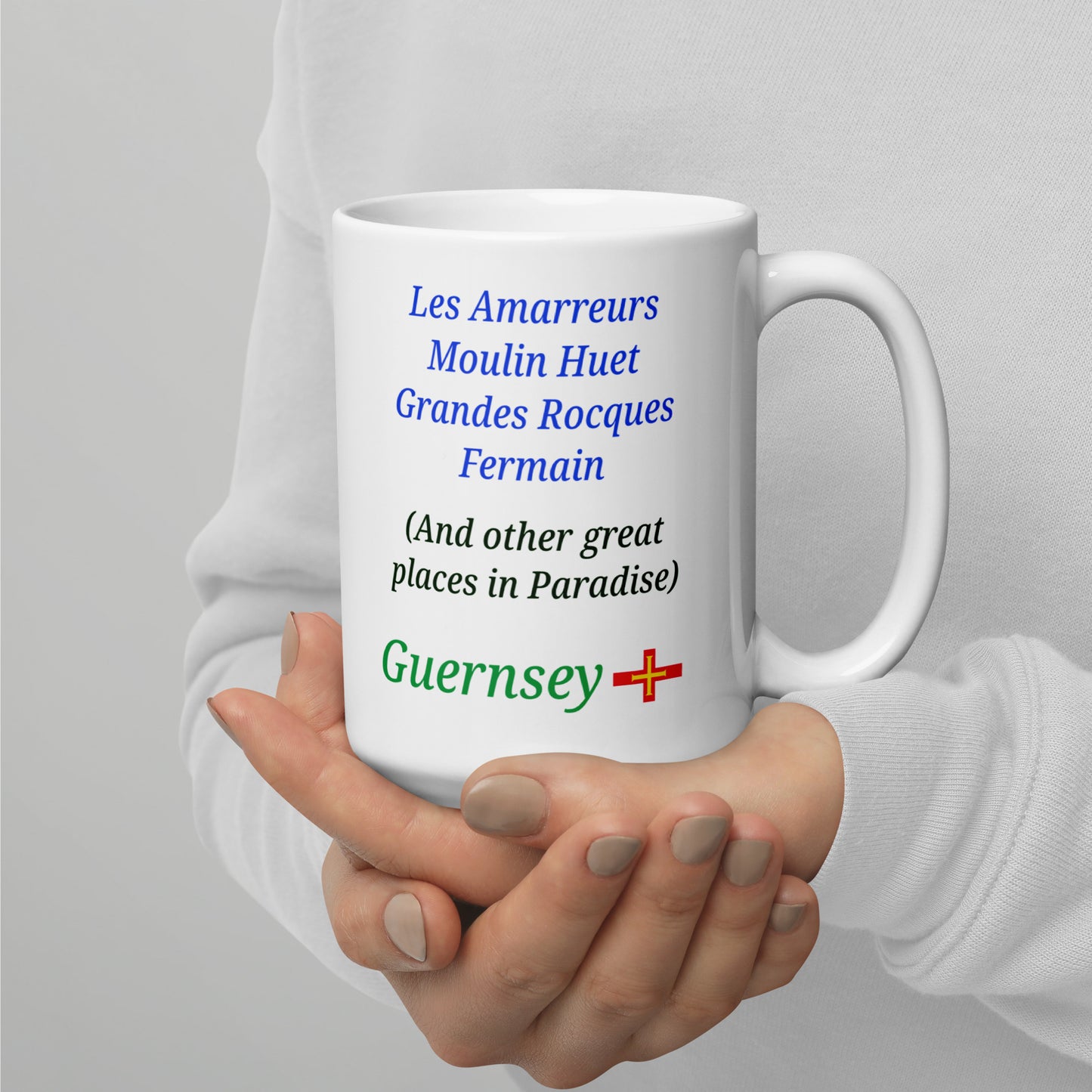 White glossy mug (Les Amarreurs, Moulin Huet, Grandes Rocques, Fermain - and other great places in Paradise)