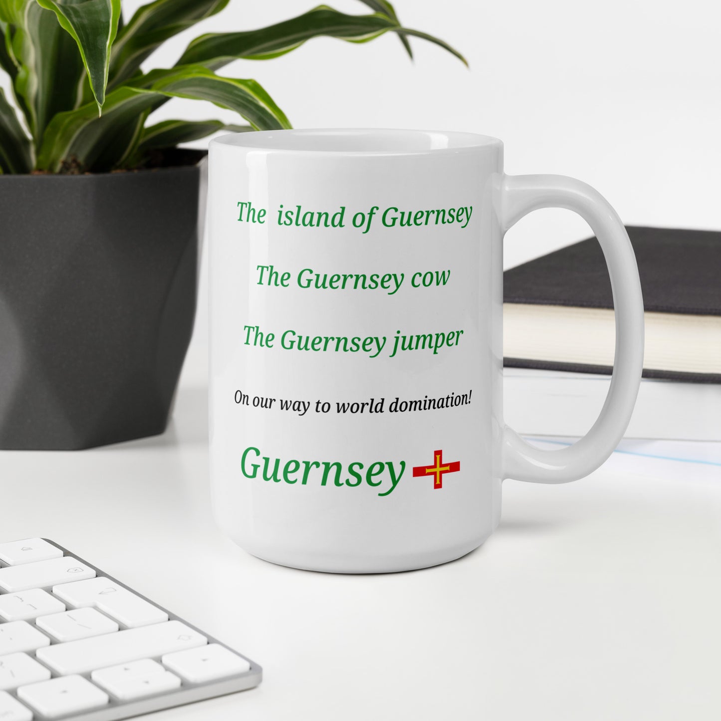 White glossy mug (The island of Guernsey, The Guernsey cow, The Guernsey jumper - on our way to World domination)