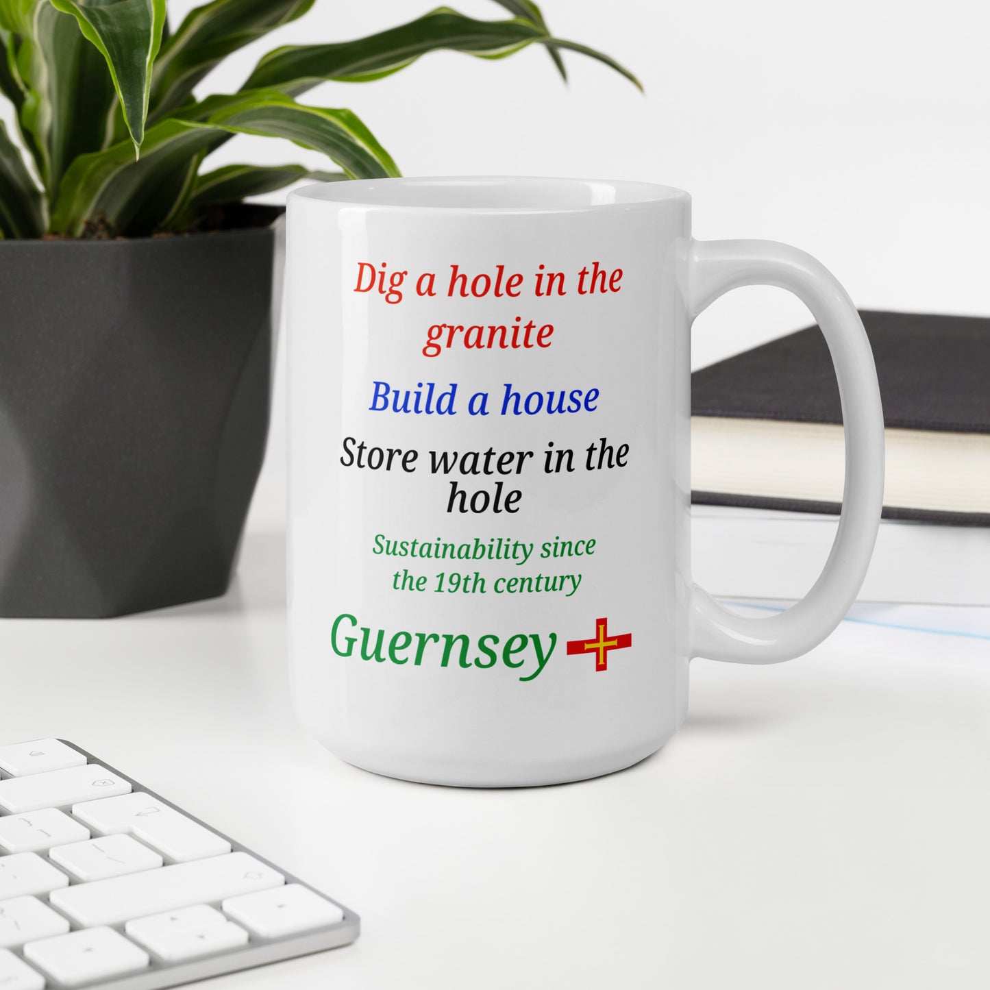 White glossy mug (Dig a hole in the granite, build a house, store water in the hole - sustainability since the 19th century)