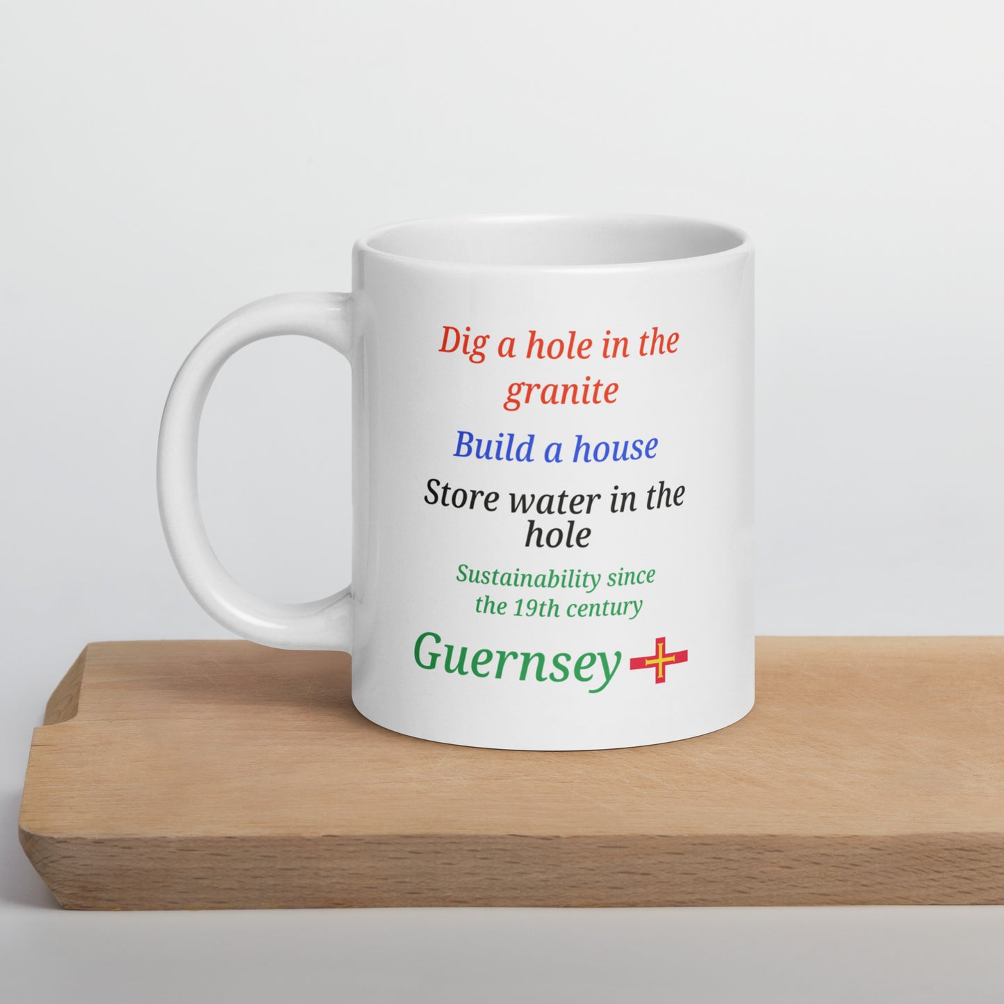 White glossy mug (Dig a hole in the granite, build a house, store water in the hole - sustainability since the 19th century)