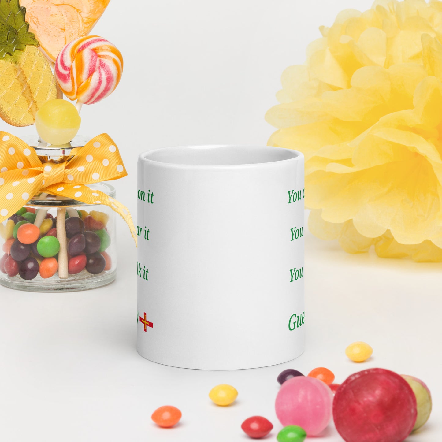 White glossy mug (You can live on it, You can wear it, You can milk it)