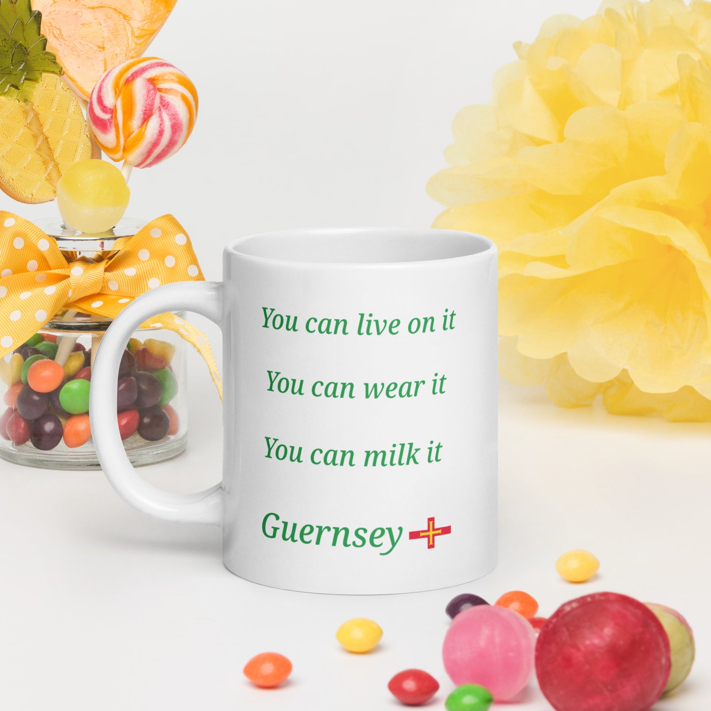 White glossy mug (You can live on it, You can wear it, You can milk it)