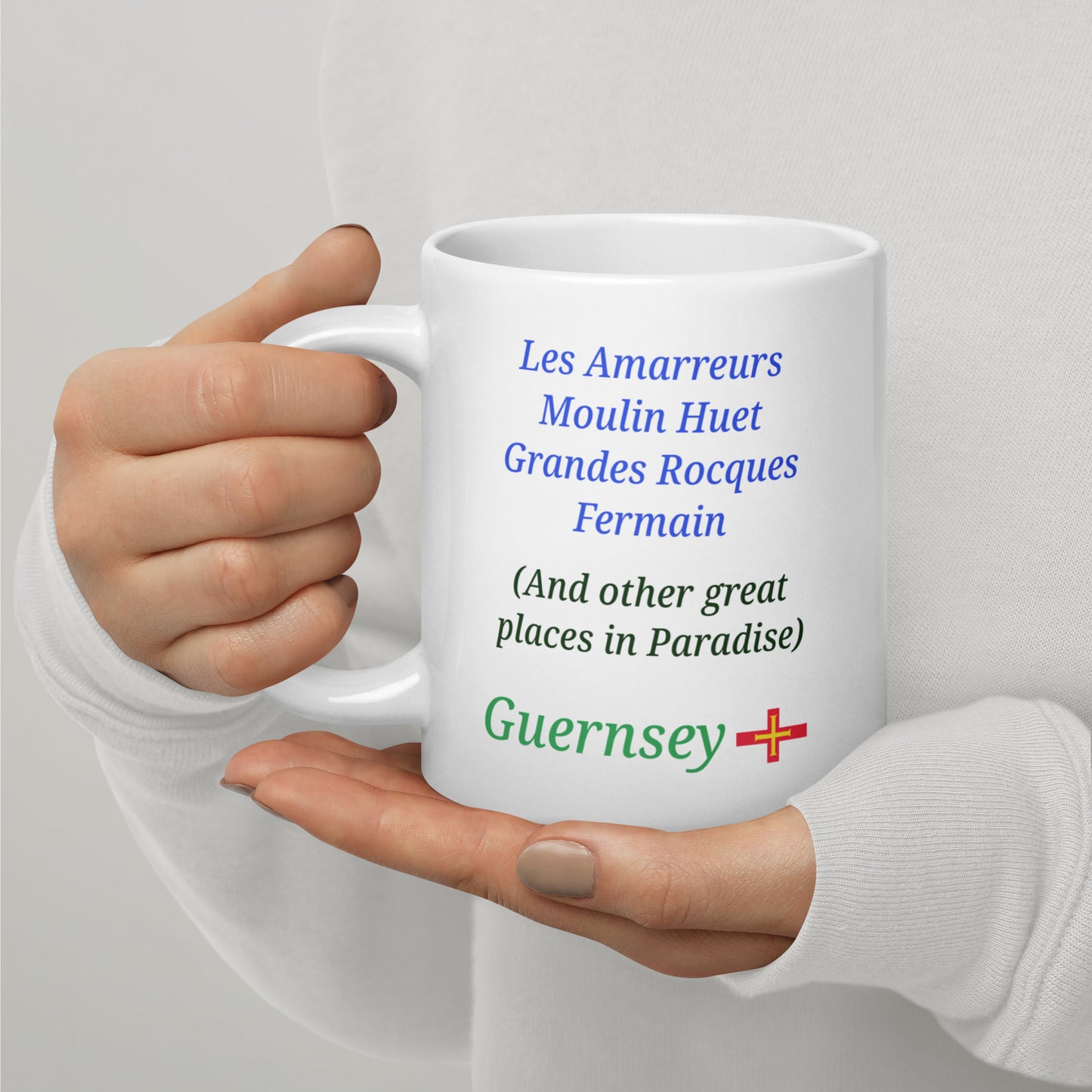 White glossy mug (Les Amarreurs, Moulin Huet, Grandes Rocques, Fermain - and other great places in Paradise)