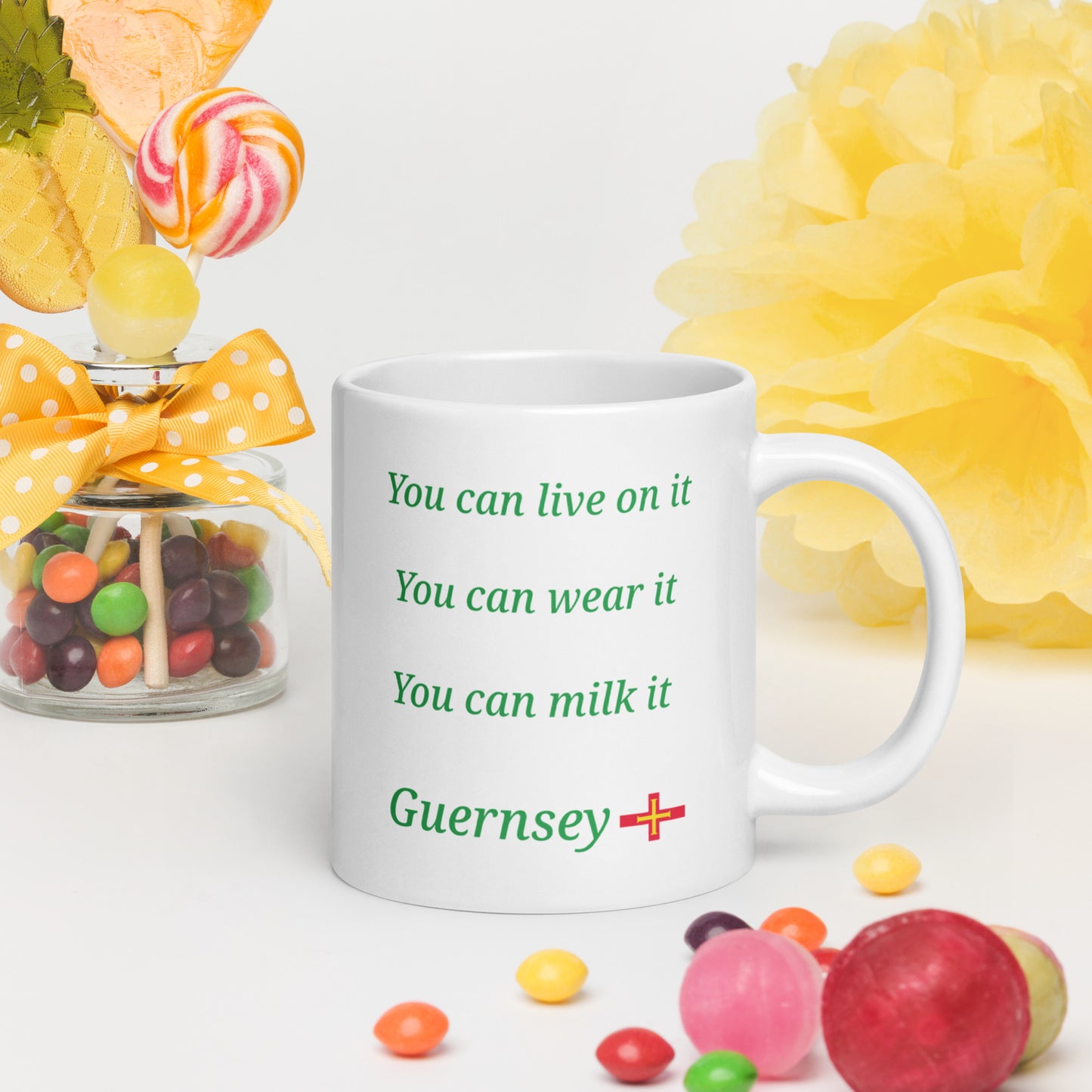 White glossy mug (You can live on it, You can wear it, You can milk it)