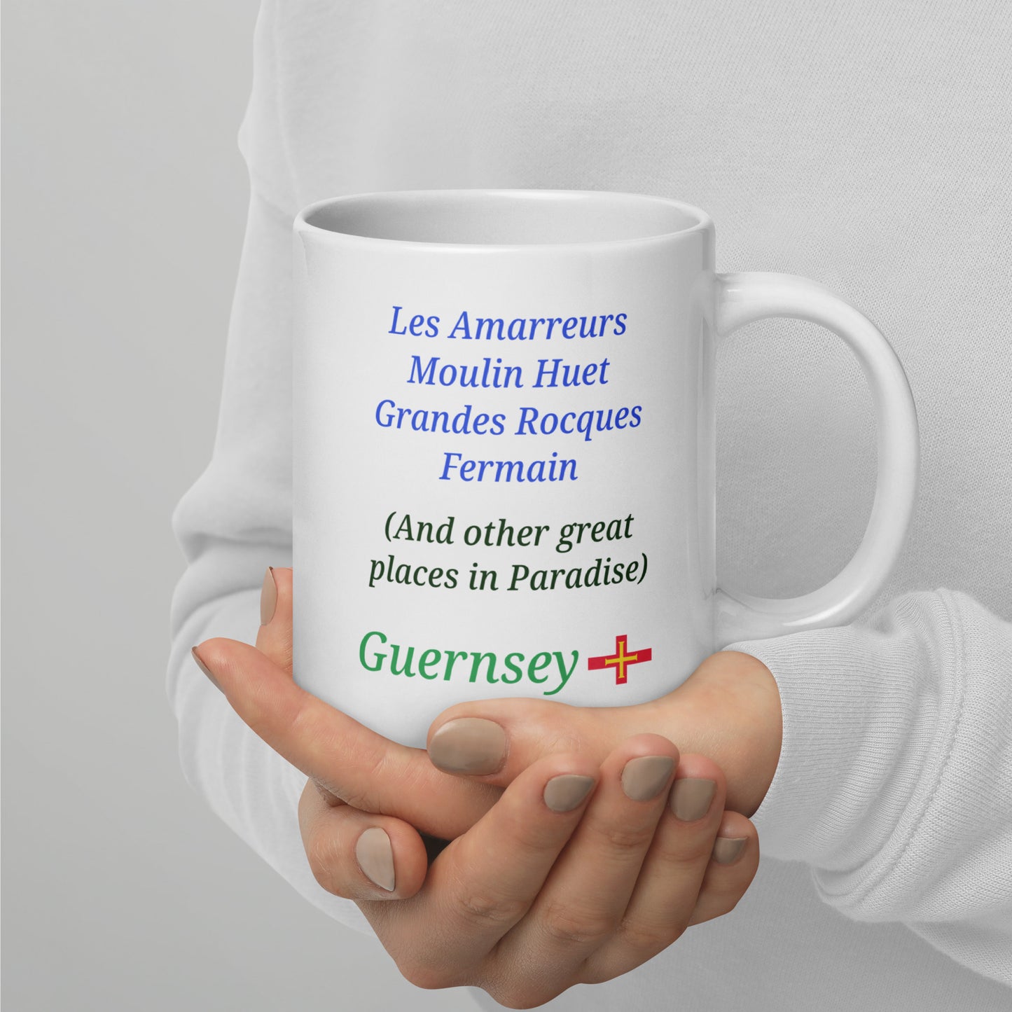 White glossy mug (Les Amarreurs, Moulin Huet, Grandes Rocques, Fermain - and other great places in Paradise)