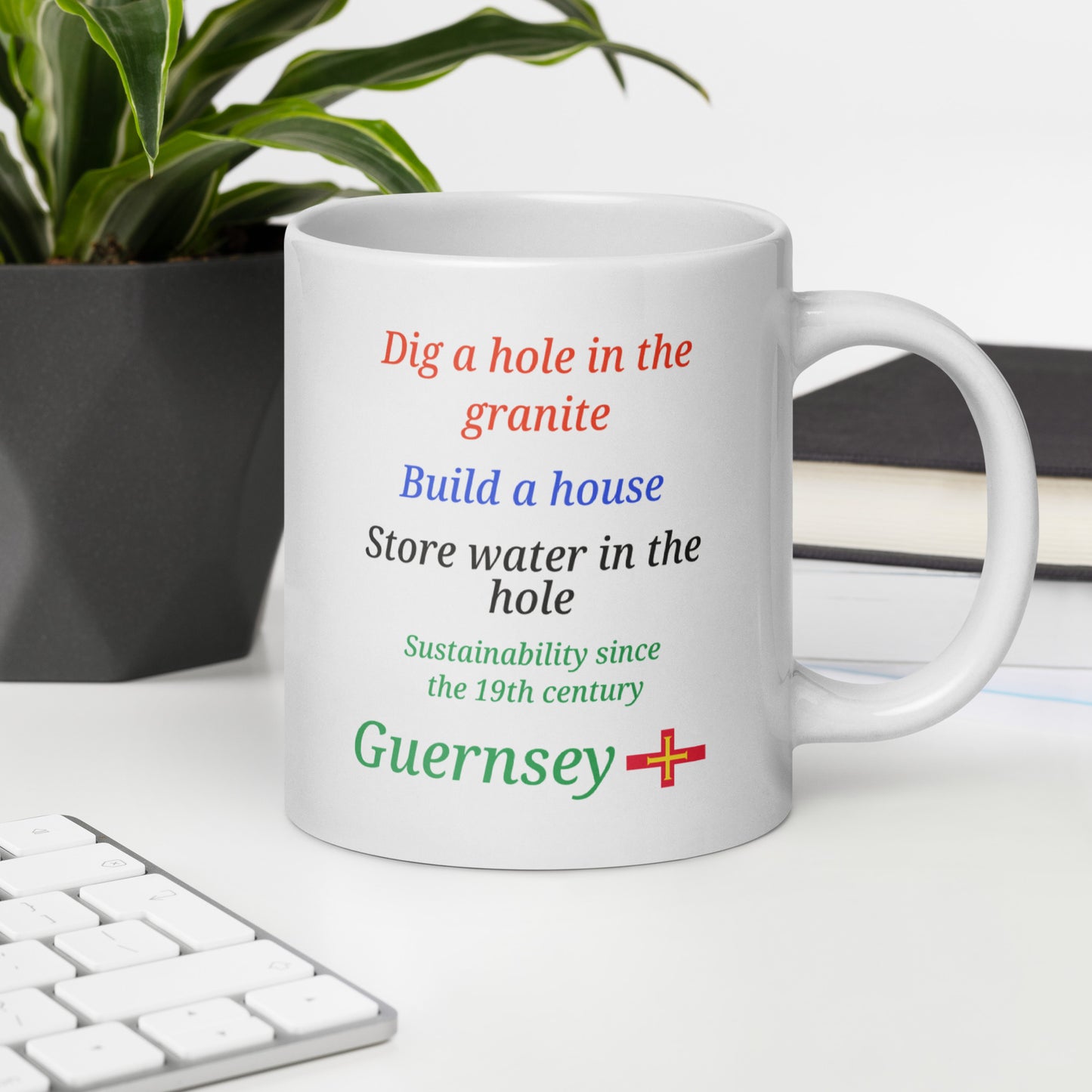 White glossy mug (Dig a hole in the granite, build a house, store water in the hole - sustainability since the 19th century)