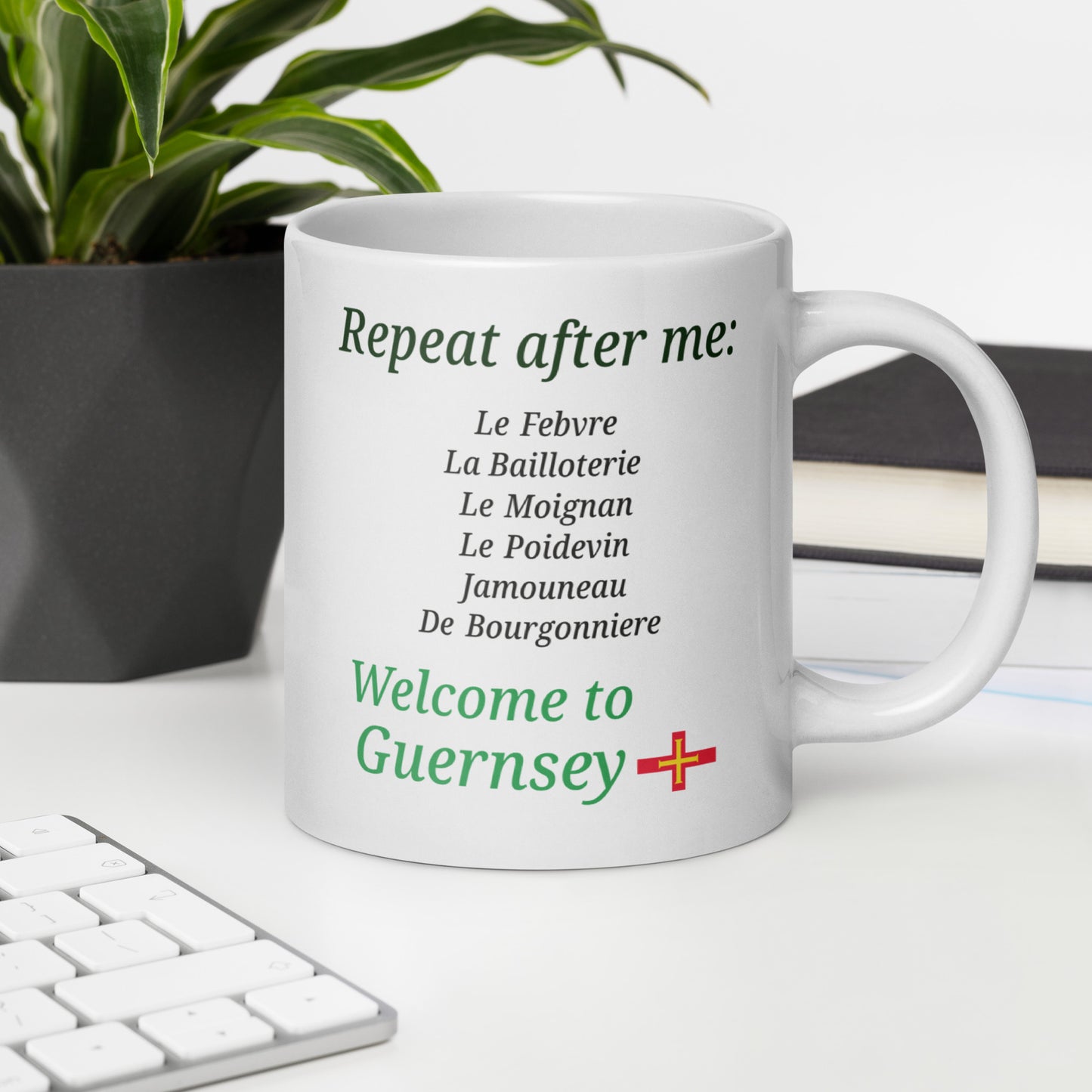 White glossy mug(Repeat after me:  Le Febvre, La Bailloterie, Le Moignan, Le Poidevin, Jamouneau, De Bourgonniere - welcome to Guernsey)